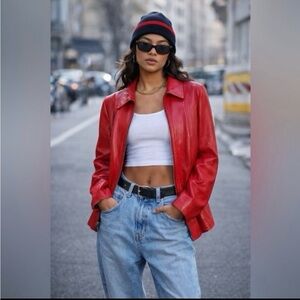 Vintage Dialogue Red Genuine Leather Zip Front Jacket Womens Y2K